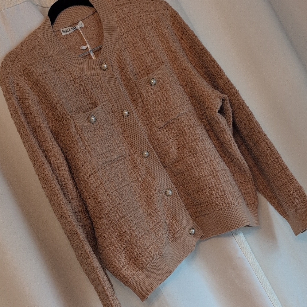 Grace Karin Tan Knit Cardigan with Pearl Buttons